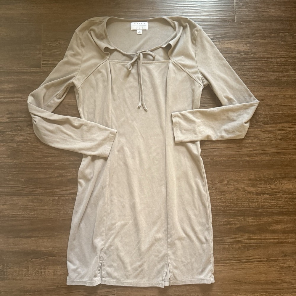 Kendall + Kylie Taupe Soft Knit Mini Dress Large Cutout Tie Neck Long Sleeve